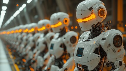 Fototapeta premium A row of high-tech robots in a modern factory with neon lights, showcasing advanced futuristic mechanical design.