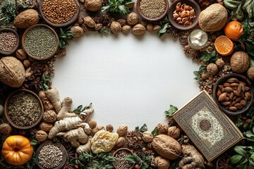 Rustic frame of nuts, seeds, and spices with open book on white background