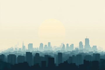A Detailed Cityscape Silhouette with a Large Sun Behind It