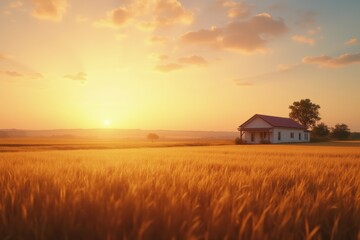 Tranquil sunset over golden wheat field with charming countryside cottage.