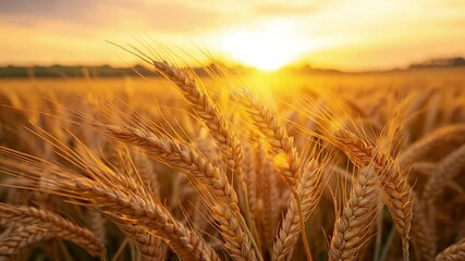 Wheat stalks sway gently as the sun sets, casting a warm glow over the beautiful golden fields in a tranquil countryside setting