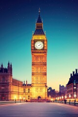 Obraz premium Iconic clock tower against a twilight sky in London, illuminated and majestic.