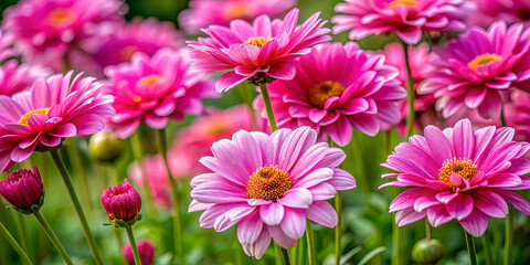 Fototapeta premium A field of bright pink daisies flourishes in a garden, each flower displaying delicate petals and a sunny center, surrounded by green leaves on a sunny day