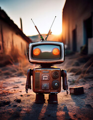 A small, rusty, old, vintage robot with a television as its head and two red LED lights for eyes.