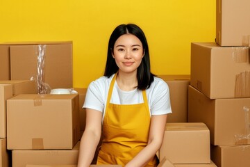 Young woman with a smile surrounded by cardboard boxes, vibrant yellow background.