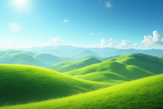 Idyllic landscape with lush green hills and blue sky on a sunny day perfect for nature themes.