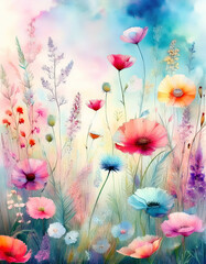 Minimalist pastel wildflowers, gently arranged, with soft hues of pink, lavender, and yellow on a light, neutral background.