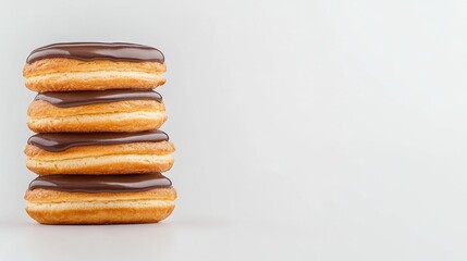 Deliciously glazed éclairs stacked elegantly on a clean white backdrop, capturing the essence of indulgent desserts in exquisite detail