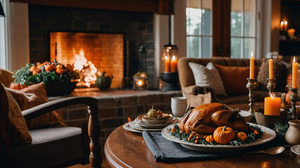 A cozy living room with a Thanksgiving theme, featuring a warm fireplace, autumnal wreaths, and a dining table in the background set for dinner
