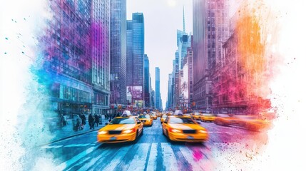 Obraz premium Vibrant cityscape with yellow taxis speeding down a bustling avenue, urban energy in soft hues watercolor