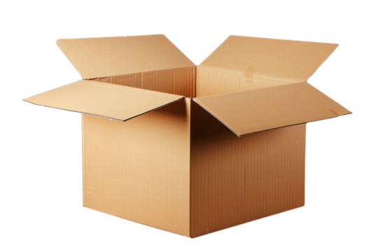 Open cardboard box isolated on a transparent background.