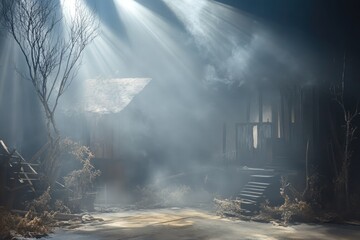 Fototapeta premium A Misty Clearing with Sunbeams Illuminating a Decaying House