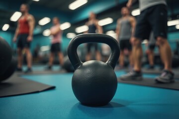 Fototapeta premium Intense fitness training with kettlebell in a gym environment, perfect for workout motivation and exercise routines.