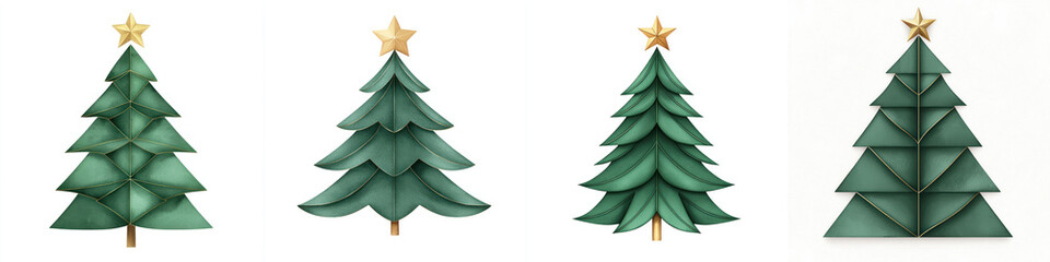 Four festive Christmas trees with star tops, white isolated background.