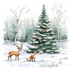 Christmas Scene with Deer and Snowy Christmas Tree in Forest.