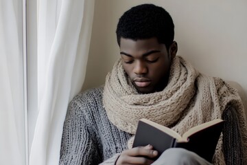 Young Black man in cozy scarf and sweater reading on window bench, enjoying calm winter afternoon indoors