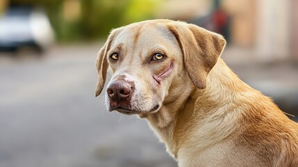 The face of resilience: a scarred dog abandoned on the street.