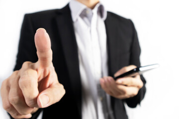 Obraz premium Businessman in black suit standing showing confidence in business and vision of work