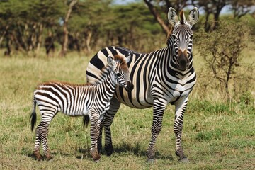 Naklejka premium Zebra and foal in natural habitat on african savannah