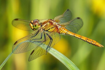 Vibrant orange dragonfly resting on leaf with delicate transparent wings in natural habitat