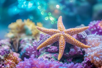 Vibrant starfish in colorful coral reef underwater scene