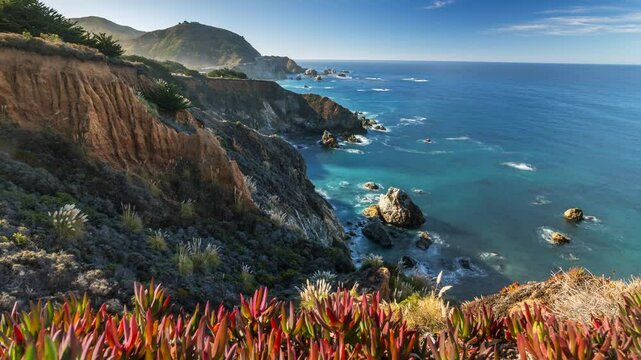 SAN-FRANCISCO , USA - OCTOBER 26, 2024: Breathtaking coastal view showcasing cliffs and ocean waves along the Pacific shoreline