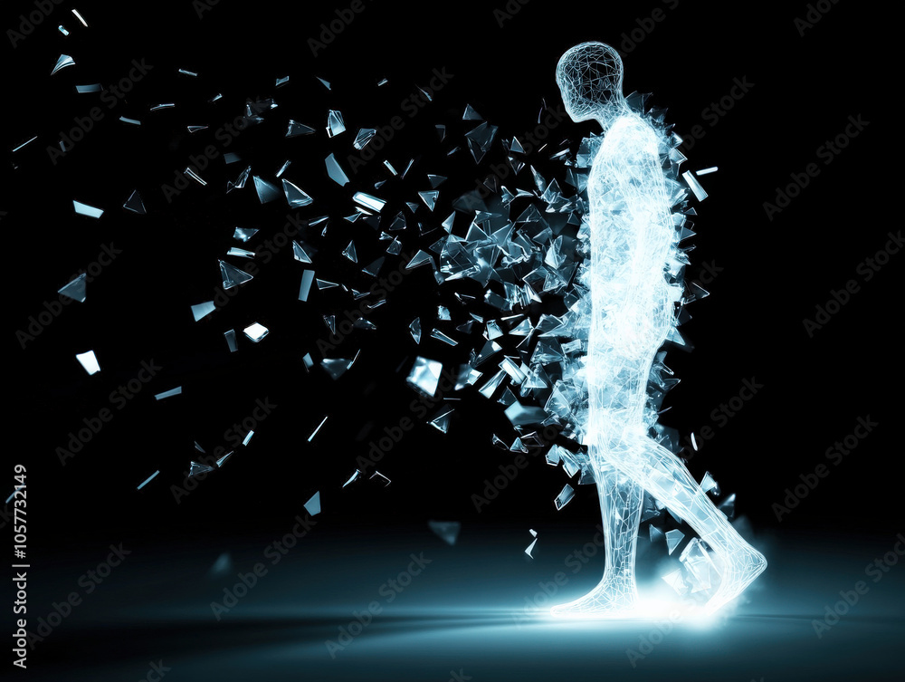 Aufkleber a glowing figure walks, dispersing into shining fragments, creating a sense of transformation and et