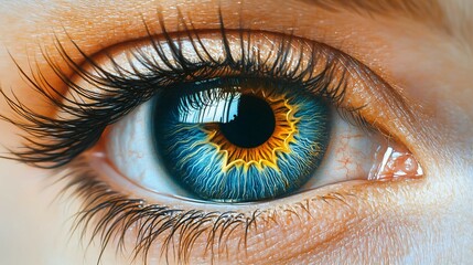 Close up of woman eye pupil detail, dilated iris texture fractal. Female blue eye with long eyelashes. vision, beauty and people concept abstract background