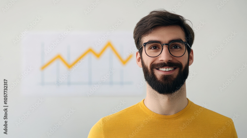 Aufkleber A smiling man in a yellow sweater stands in front of a chart showing an upward trend, symbolizing success and progress.
