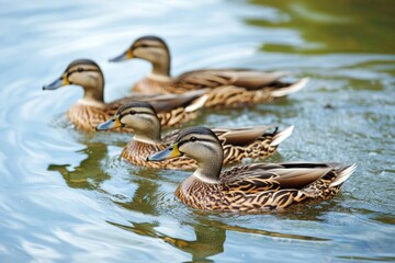 Obraz premium Four mallard ducks swimming gracefully on a serene lake surface