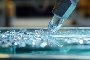 Precision waterjet cutting process creating intricate designs on glass surface