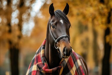 Obraz premium Elegant horse wrapped in a cozy plaid blanket in autumn woodland scene