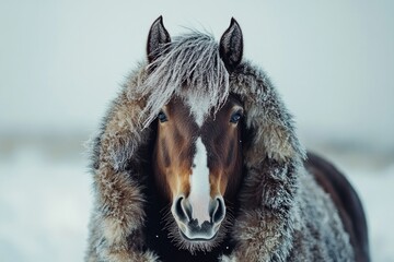 Majestic horse in warm fur coat against winter snowy backdrop