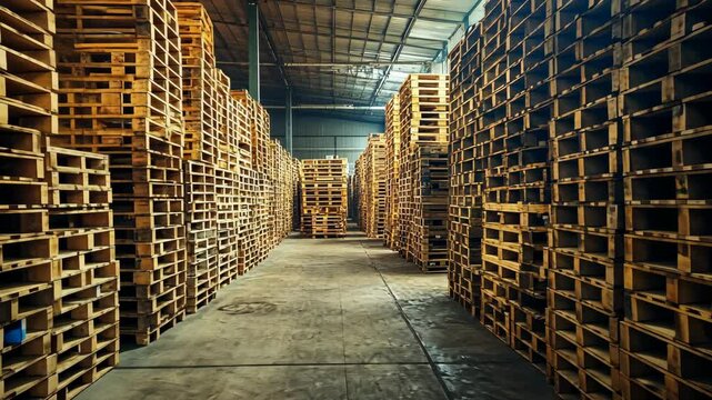 Pallets are stacked high in a warehouse, creating a maze-like structure of wood and steel