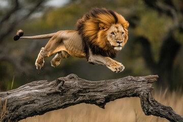 Majestic lion leaping over fallen log in african savanna