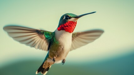Fototapeta premium A vibrant hummingbird hovers gracefully in mid-air, showcasing its iridescent feathers and distinct red throat against a soft, blurred background.
