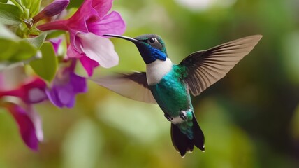 Naklejka premium A vibrant hummingbird hovers near colorful flowers, showcasing its iridescent feathers amid a lush green backdrop.