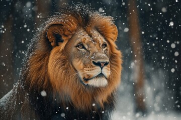 Fototapeta premium Majestic lion in snowy winter forest