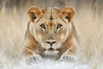 Obraz premium Majestic lioness lying in grassy savannah capturing intense gaze