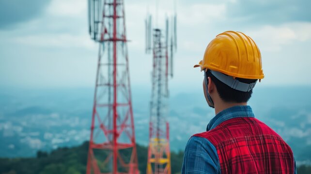 A worker in a hard hat inspects telecommunications towers against a cloudy backdrop, highlighting the importance of infrastructure in communication.