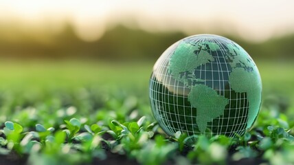 A globe with a digital design rests on vibrant green plants, symbolizing the fusion of technology and nature.