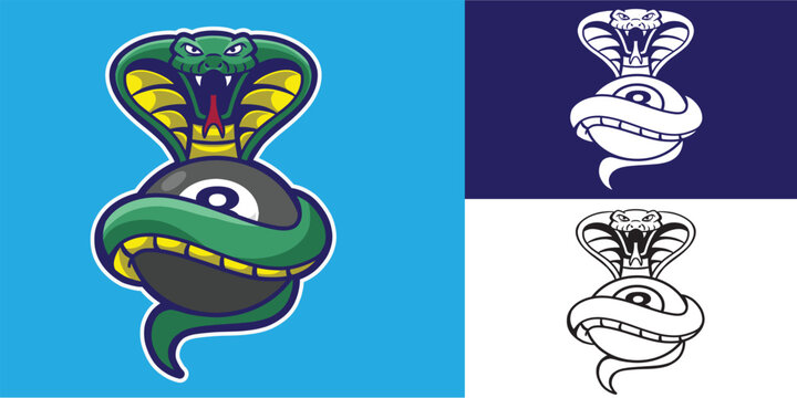 mascot snake with eight ball god for logo, mascot brand, team logo, community, club billiard, etc