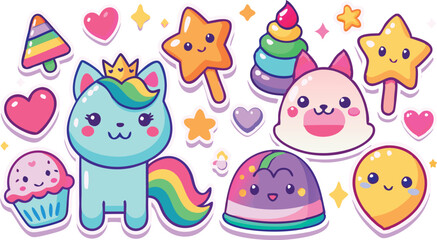 Naklejka premium Cute Cartoon Stickers Rainbow Cat, Star, Cupcake, Jelly