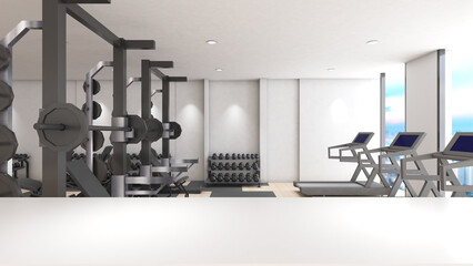 White platform for placing goods,mock up background of a health and fitness gym and physical development, 3d rendering