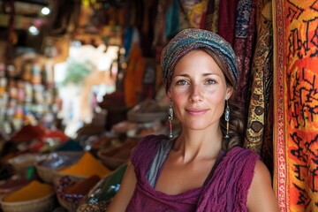Obraz premium Woman in a colorful bazaar surrounded by textiles and spices