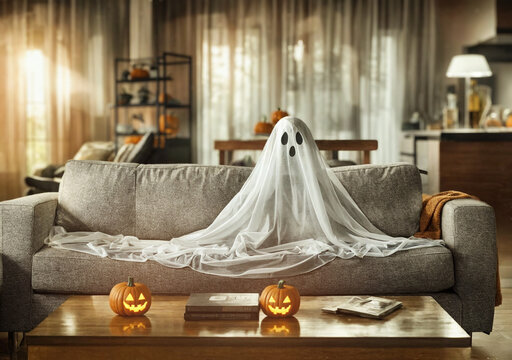 Spooky ghost on a couch with jack-o'-lanterns, creating a haunting Halloween living room vibe