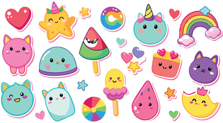 Cute Cartoon Stickers Rainbow, Hearts, Unicorns, and More