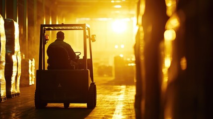 Employee Driving Forklift Through Warehouse at Sunset