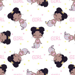 Mermaids girls vector pattern. Cute cartoon card with little mermaid seamless pattern. Fish, mermaid under the sea cartoon style