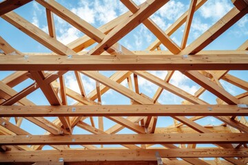 Wooden roof trusses against a clear blue sky